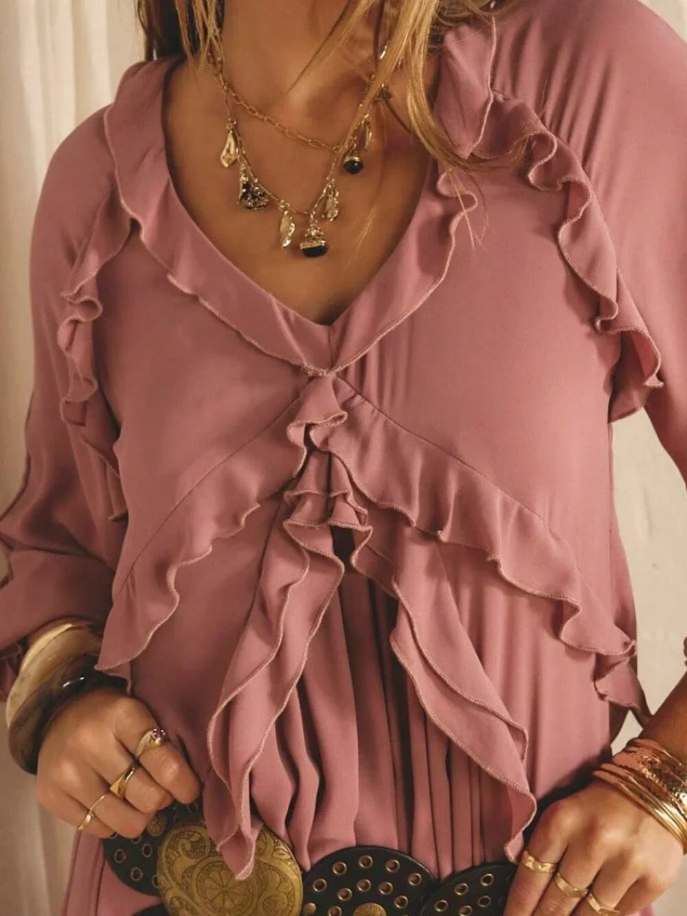 Dusty Pink Boho Beauty Women's Ruffled detailed Maxi Dress - Picture 9 of 11